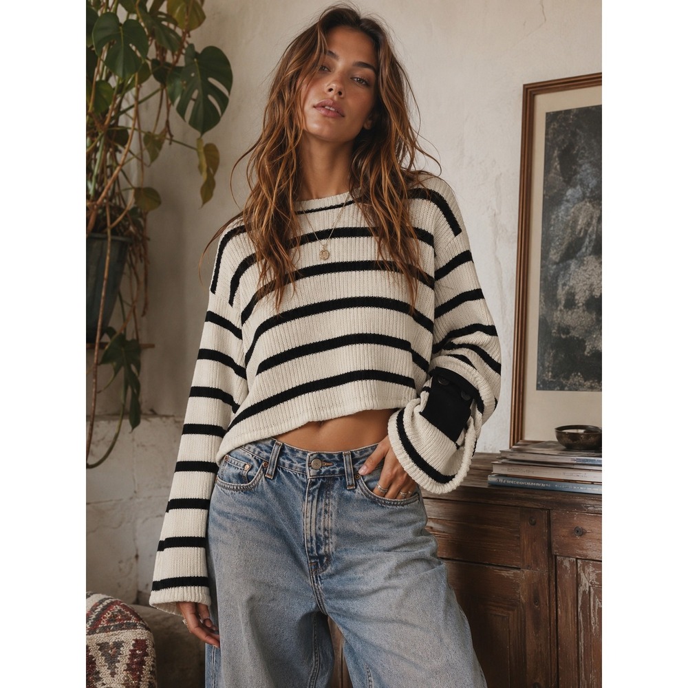 Zara Women Large Striped Cropped Sweater Black Cream‎ Button Detail
